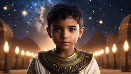 little very young Egyptian boy, handsome, peaceful, gentle, confident, calm, wise, happy, facing camera, head and shoulders, traditional Egyptian costume, perfect eyes, exquisite composition, night scene, fireflies, stars, Egyptian landscape , beautiful intricate insanely detailed octane render, 8k artistic photography, photorealistic concept art, soft natural volumetric cinematic perfect light, chiaroscuro, award-winning photograph, masterpiece, Raphael, Caravaggio, Bouguereau, Alma-Tadema