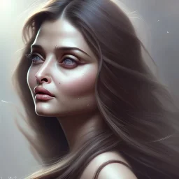 Aishwarya rai , cute, beautiful, long hair, wavy hair, black eyes, head and shoulders portrait, cinematic, 8k, resolution concept art portrait by Greg Rutkowski, Artgerm, WLOP, Alphonse Mucha dynamic lighting hyperdetailed intricately detailed