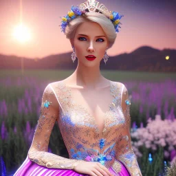 Full body Princess, woman blondie, make up, beautiful smiling face,blue eyes, beautiful place,amazing, flowers, colors, blue and pink butterfly, realistic, photo real, stars night, detailed, high contrast, 8k high definition, unreal engine 5, extremely sharp detail, light effect, light background