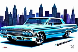 a true-to-life 1963 Chevrolet Impala, centered, intricate, extreme detailed, photorealism, center view, city background, pivot on chevrolet, pen and color marker painting by cheryl kelley