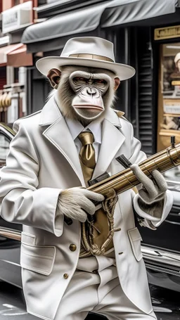 A monkey wearing a white suit with white hat and a cigar in his mouth with a machine gun posing like a gangster in a big city street
