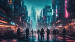 Prisbelønnet fotografi af en gruppe cyberpunk-mennesker, perfekt anatomi, klædt i indviklet cyberpunk-tøj, betjening af cyberpunk-maskiner og opfindelser i et travlt cyberpunk-bybillede, retro-futuristisk, industriel revolution, science fiction, detaljeret miljø, atmosfærisk belysning, maskintekniske vidundere , magisk fantasi, levende farver, fotorealistisk, alternativ historie, art nouveau æstetik, høje detaljer, 16k.