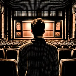 the guy's back in the cinema in front of the screen. Make it cinematic and in sepia