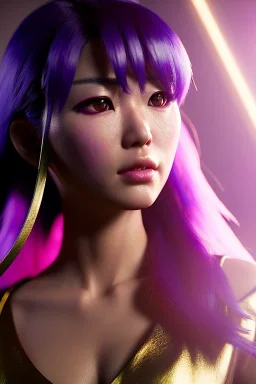 Young asian woman, anime barbarian character, purple hair, gold eyes, long hair, leather, vibrant color, highly detailed, art stations, concept art, smooth, unreal engine 5, god rays, ray tracing, RTX, lumen lighting, ultra detail, volumetric lighting, 3d, finely drawn, high definition, high resolution.