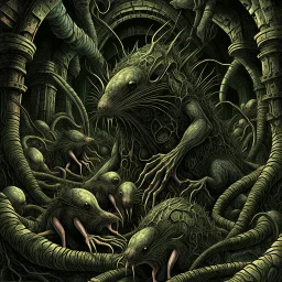 Sewer rat king multiple tails flailing, magical eldritch rat-king, lovecraftian mammal, by H.R. Giger, by Mike Dubisch, rat nest teeming with rats, hypersurreal fantastic underground architecture, detailed matte painting, deep color, fantastical, intricate detail, splash screen, complementary colors, fantasy concept art, 8k resolution trending on Artstation Unreal Engine 5