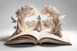 a beautifully ornated fairytale book open in half, from the center pages appears a pop-up origami natural woman in italy; Papercraft, fairytale, popup book, soft shadows, ambient occlusion, studio lighting, high quality studio advertising photography, 8k, white paper, white background, monochromatic