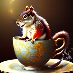 laughing squirrel sleeping, dreaming, drinking warm tea surfing waves on a teacup, fantasy art, book cover