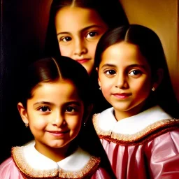 portrait of sisters Eira Santiago Arnau 10 year old and Dalia Santiago Arnau 6 year old by Velazquez,smiling, oil on canvas, cinematic composition, extreme detail,8k,fit full head inside picture,