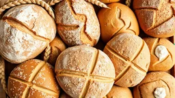 A design full of real baked breads decorated with wheat and flour and wheat, barley and sesame seeds.