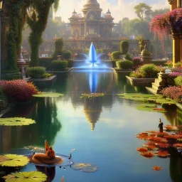 Hyperdetailed oil on canvas, young robyn lively sits by the ornate fountain, goldfish pond, lotus, detailed face, long red curly hair; by gaspar camps, maxfield parrish, alphonse mucha, cyril rolando, dan mumford; luminous colorful sparkles, glitter, airbrush, octane render, volumetric lighting, 16k