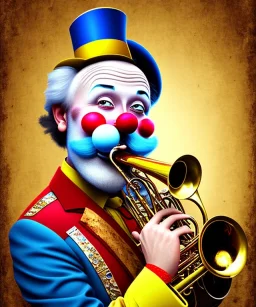 happy old friendly clown with round head and trimmed beard playing jazz with a steampunk theme, trumpet on mouth, circus, realistic