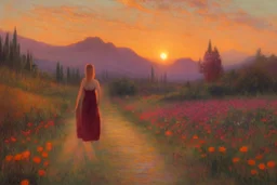 beautiful sunset, one woman looking a flowers, mountains, pathway, gothic disturbing influence, witchcraft influence, rodolphe wytsman, jenny montigny, and friedrich eckenfelder impressionism paintings