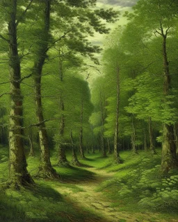 An olive green forest filled with insects painted by Claude Monet