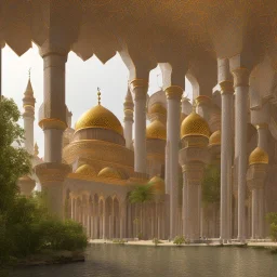 Paradise, a mosque on the river, a future city, realistic, Quran, and cinematic license.