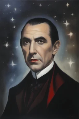 Bela Lugosi as Count Dracula -- Botany - Starry - Retro Pop - Dark Fantasy - Horror - Festive - Realistic - oil painting by Gene Simmons