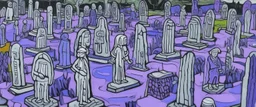 A light purple graveyard with ghosts painted by Jean Dubuffet