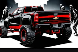 a super futuristic car, for all terrain, pickup fashion, black and red colors, big wheels, CHEVROLET INSPIRED, stay on street full of zombies
