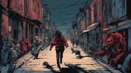 Creatures from 'Fiend without a face' chasing a woman down a street, detailed design, deep colour