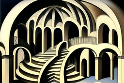 arches arranged in a semicircle, in the middle a slim round tower with an external spiral staircase, symmetrical, by artist "de Chirico",by artist by artist "Escher"