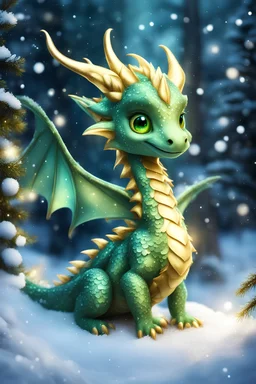 cute fairy green with shiny scales with golden highlights baby dragon in the snow in front of a fabulous Christmas snowy forest in the moonlight