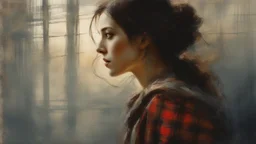 <lora:Texturized:1.0> Profile, woman in tartan, delicate hues blending with etched, crisp outlines, surrounded by gently descending brush strokes, all immersed in the warmth of early morning sunlight casting subtle shadows, against a textured tartan background ​​burlap, reminiscent of the methods of Jeremy Mann or Raphael Sanzio, characterized by the volumetric effects of lithography with stone washes, chiaroscuro and lithographic style, oil painting