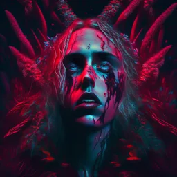 iridescent, Singer Danish MØ face, blood, futuristic, guts, wildflower, cosmic, intricate, darkred tones,sidhe, ominous, nature, plants,