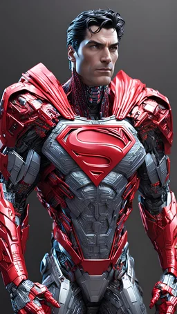 a Superman in cybernetic armor, ultra detalhado, cor vermelho . ::n_ desenho, Imperfection, baixa qualidade, boneco, jogo, realistic, full body ,assinatura