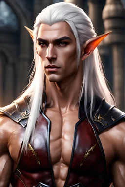 handsome High elf, king, muscular,body builder, long white hair, male age 20, wearing leather and a shirt, tan skin,photorealistic 4k