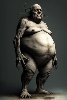 The full body of a fat old man , use the face in the picture , holding a cane , front view camera, decayed and rotting with grotesque proportions and imagery. surreal horror, biomechanical design, by hr giger and beksinski , fine lines draw