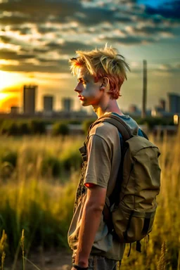 A profile photo of a handsome fifteen year old boy wearing an old backpack standing in a field with an abandoned city skyline on the horizon, messy short blond hair, wearing a tank top, shorts and boots, sunset, tall grass, bright colours, lonely landscape, cinematic photography, high resolution, high quality, highly detailed.