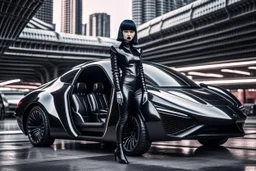 A Full-Length Pale Dark-Haired Woman With A Straight Bob Hairstyle With A Fringe, In A Futuristic Leather Outfit, And Gloves, Standing Next To A Futuristic Car, in a futuristic city