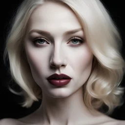 Anonymous Woman, black background, shadows, white blond hair, pale skin, rose lips, portrait, close up,