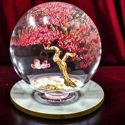 large glass globe with ultra-fine detailed cherry blossom tree bursting out, broken glass, red and gold tablecloth, beautiful, peaceful, gorgeous, flickering light, ornate, 8k, high-quality, fine-detail, intricate, digital art, brian froud, howard lyon, selina french, anna dittmann, annie stokes, Greg Rutowski