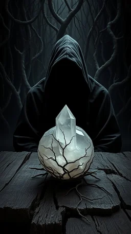 A hooded black shadow creature with no face in the background of black vein, human veins, mixing together a lot of them, like a forest, big an ball small veins a lot of them, a crystal sitting on an old broken table
