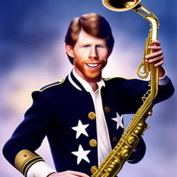 Ron howard from happy days playing the saxophone, his eyes are closed, letter jacket