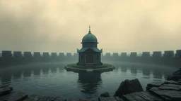 fantasy, A small domed building with a green roof standing in the middle of a body of water, surrounded by a stone wall. The sky has a hazy, dreamlike quality, adventure core, soft and dreamy depictions, epic eerie