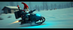 gnome hit man with rocket boots in suit on a mech sled in winter wasteland, style of fallout 4, high speed with motion blur