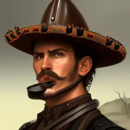 portrait,"Insanely detailed photograph of a male western mustachioed crossbowman", detailed charro and Sombrero, digital painting,eye patch, cigar, artstation, concept art, sharp focus, illustration, art by artgerm and greg rutkowski and alphonse mucha, 8 k,fantasy, unreal engine