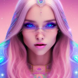 beautiful, soft, smiling face, whole head, long straight blonde hair blues eyes, crown on the head, clothing in transparent bluish and pink veil, background brillante bluish and pink, hight definition, 8K