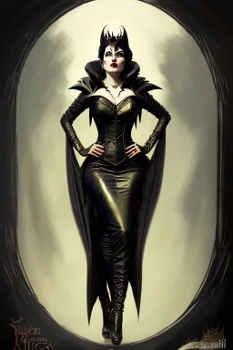 painting of morrigan hel as evil queen in black leather gown, feminie, angry, stern look on her face, volouptous, busty, cleavage, emperious, mature, highly detailed, digital painting, artstation, concept art, smooth, sharp focus, illustration, art by gaston bussiere and alphonse mucha