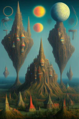 A surreal landscape with odd houses in Max Ernst style