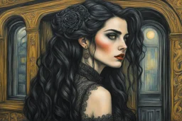 create a 3/4 profile, full body oil pastel of a dark haired, savage, ornately dressed, gothpunk vampire girl with highly detailed , sharply defined hair and facial features , in a smokey 19th century train station in the Pre-Raphaelite style of JOHN WILLIAM WATERHOUSE