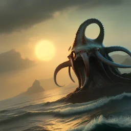 franz frazetta style, kraken on the sea, sunrise, open seas