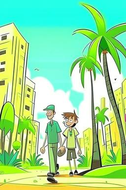 city palm trees old and boy walk cartoon