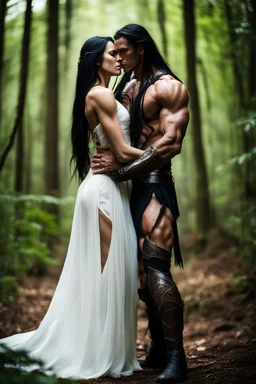 muscular warrior embracing a young woman with long black hair wearing a long white dress standing in a forest