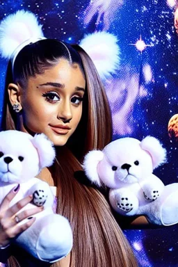 Ariana Grande in space with fluffy teddy bears