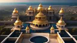 an indian city next to the ocean seen from a hill top. perfect symmetry. marble and gold. fantasy. exquisite realism, a masterpiece, dark fantasy concept art, dynamic lighting, hyperdetailed, intricately detailed, deep color, Unreal Engine, volumetric lighting