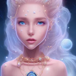 cosmic petit prince belle fine, profil de trois quart, grand front cosmique, peau bleu cristalline, yeux bleu, perle sur le front long cheveux blond et rose etoilé, cristaux sur le corps, collier de grande princesse, levres souriante, très jolie sourire