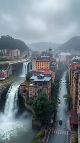 A waterfall from a high buildings and flooded streets