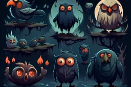 2d game art assets, animals ,moody style, flat art, spooky